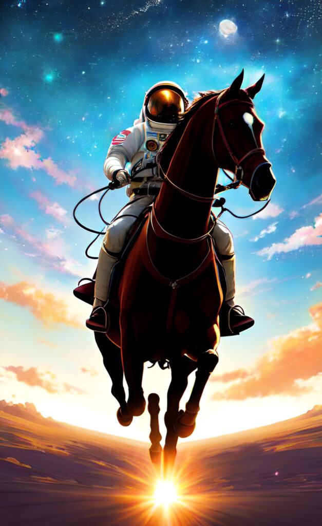 Астронавт на лошади в аниме-стилизации, сделанный в Dream by WOMBO
