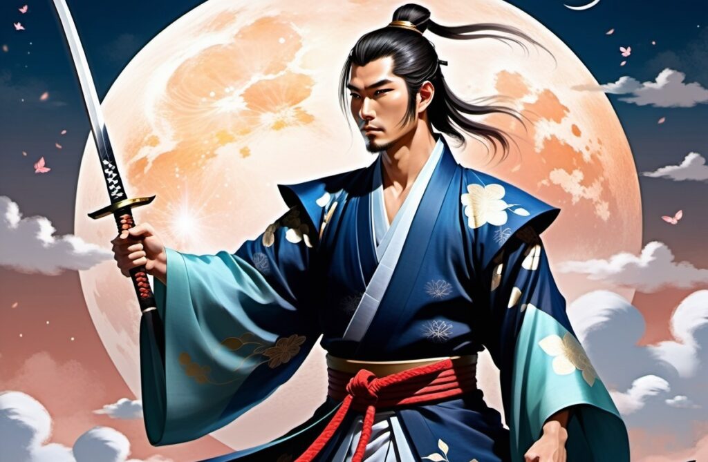 Мужчина-самурай в кимоно